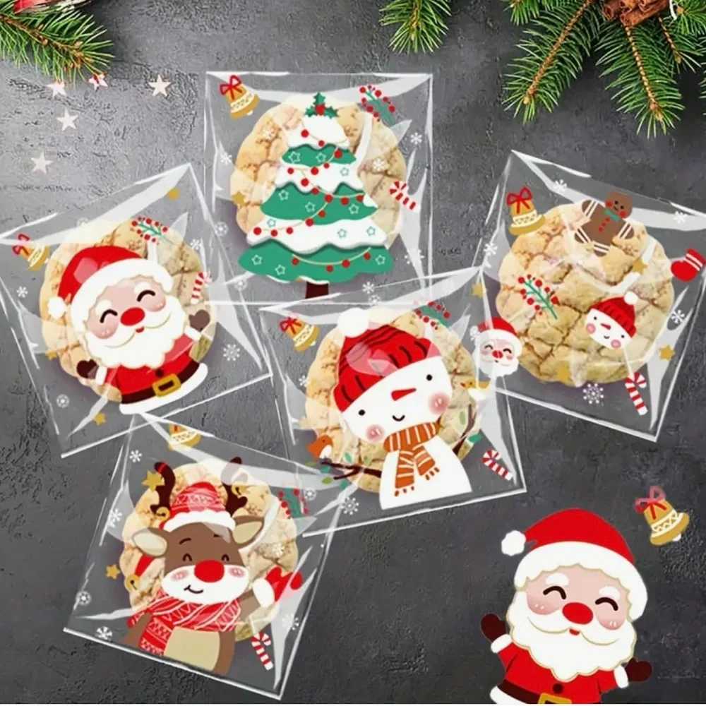 Christmas Self-Adhesive Transparent Plastic Gift Bags 25 ct w/ 5 Designs-NIP